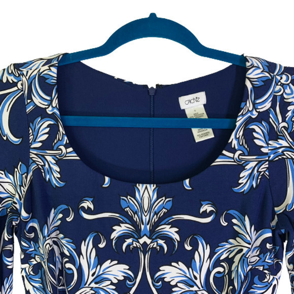 CACHE Navy Blue & White Filigree Print Long Sleeve Dress - Picture 4 of 11